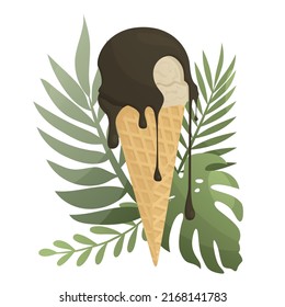 Vector illustration of ice cream in a waffle cone with fruits and leaves. Idea for a poster, postcard, t-shirt. Healthy food for takeout, bar or restaurant menu. Cartoon composition. Summer vibe