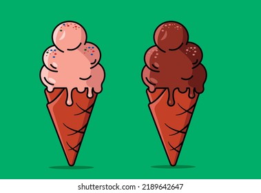 Vector illustration of ice cream in a waffle cone. Ice-cream in pink and chocolate colors isolated on white background idea for a poster, postcard, t-shirt.