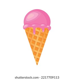 Vector illustration. Ice cream in a waffle cup. Cool. Ice cream cone. Ice cream drips. Heat. Pink.