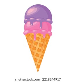 Vector illustration. Ice cream in a waffle cup. Cool. Ice cream cone. Ice cream drips. Heat. Pink.