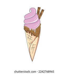 Vector illustration of ice cream in a waffle cone. Icecream in purple and brown colors isolated on white background idea for a poster, postcard, t-shirt.