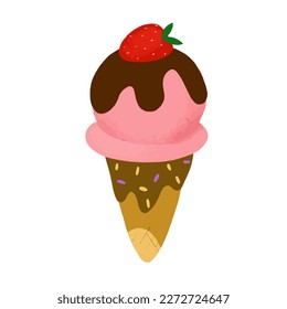 Vector illustration of ice cream in a waffle cone. Ice cream in bright colors. Sweet life.