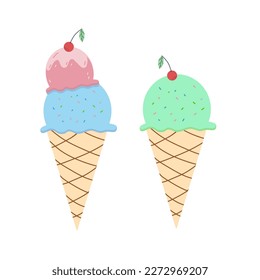 Ilustración vectorial de helado en un cono de gofre. La ilustración es plana. Crema de hielo rosa y azul, tonos verdes, realzada con un fondo blanco.