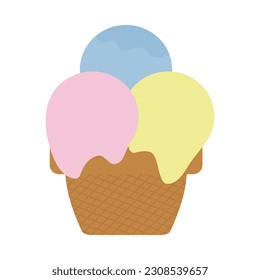 Vector illustration of ice cream in a waffle cone. Ice cream in pink and blue colors isolated on white background, idea for a poster, postcard, t-shirt.