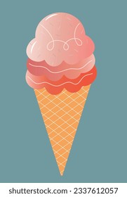 Vector illustration of ice cream in a waffle cone. Icecream in pink and red colors isolated on light blu background. 3 scoop of ice cream illustration. Ice cream icon ideal for web and print