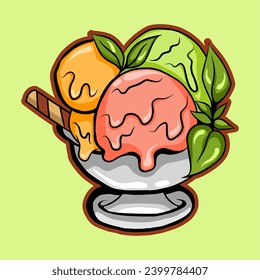 vector illustration of ice cream waffle bowl cartoon hand drawn isolated on a white background