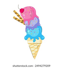 Ilustración vectorial de helado en un cono de gofre con espolvoreados. Icono colorido del verano para la comida de la calle, café, Anuncios, menú. Aislado sobre fondo blanco.