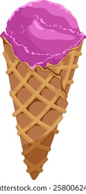 Vector illustration of ice cream in a waffle cone. Ice cream with a purple scoop isolated on a white background, idea for a poster, postcard, t-shirt. print, advertising, sweet, food,