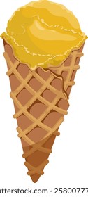 Vector illustration of ice cream in a waffle cone. Ice cream with yellow scoop isolated on white background, idea for poster, postcard, t-shirt. print, advertising, sweet, food,