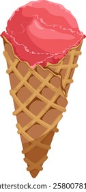 Vector illustration of ice cream in a waffle cone. Ice cream with a red scoop isolated on a white background, idea for a poster, postcard, t-shirt. print, advertising, sweet, food,