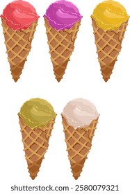 Vector illustration of ice cream in a waffle cone. Ice cream with a white scoop isolated on a white background, idea for a poster, postcard, t-shirt. print, advertising, sweet, food, set