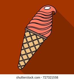 Vector illustration of ice cream  in a waffle horn in flat style isolated on brown background with shadow. Vector illustration