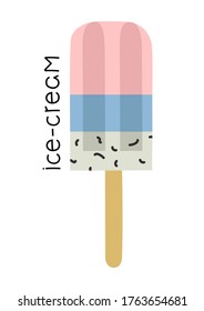 Vector illustration of ice cream in white, blue, and pink colours with lettering.