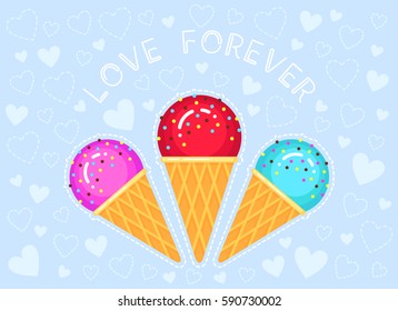 vector illustration of ice creams in cone waffle glass on blue background with hearts and text "love forever"