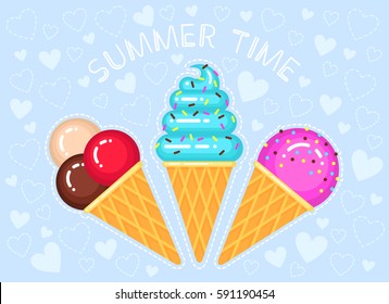 vector illustration of ice creams in cone waffle glass on blue background with hearts and text "summer time"