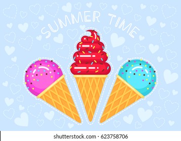 vector illustration of ice creams in cone waffle glass on blue background with hearts and text "summer time"