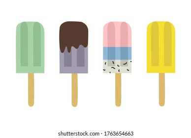 Vector illustration of ice creams in white, blue, pink, yellow, green, and violet colours with lettering.