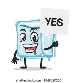vector illustration of ice cube character of mascot holding sign says yes