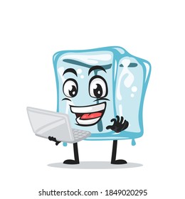 vector illustration of ice cube character of mascot presentation with laptop