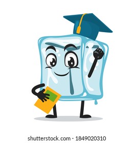 vector illustration of ice cube character of mascot graduation hat and holding book