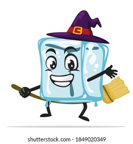 vector illustration of ice cube character of mascot wearing witch costume and ride flying broom