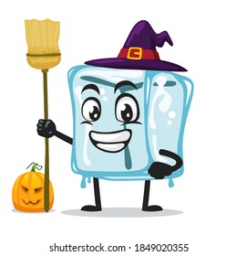 vector illustration of ice cube character of mascot wearing witch costume and holding broom