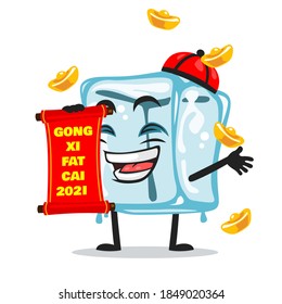 vector illustration of ice cube character of mascot holding red scroll and says happy chinese new year 2021