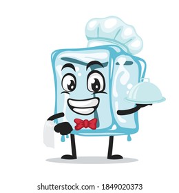ilustración vectorial del personaje de cubo de hielo de mascota que lleva sombrero de chef y sirve comida
