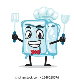 ilustración vectorial del carácter de cubo de hielo de mascota que lleva sombrero de chef y espátula de retención