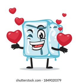 vector illustration of ice cube character of mascot bring love symbols
