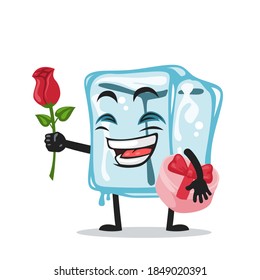 vector illustration of ice cube character of mascot give flower and holding pink gift