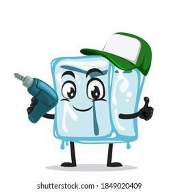 vector illustration of ice cube character of mascot holding hand drill
