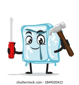 vector illustration of ice cube character of mascot holding hammer and screwdriver