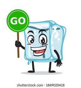 vector illustration of ice cube character of mascot holding sign says go