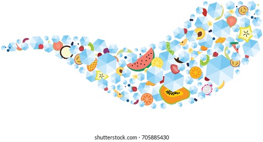 vector illustration for ice cubes and fruit in wave shape for cold summer juicy drinks design