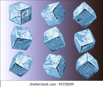 Vector illustration of ice cubes in various positions against various backgrounds.