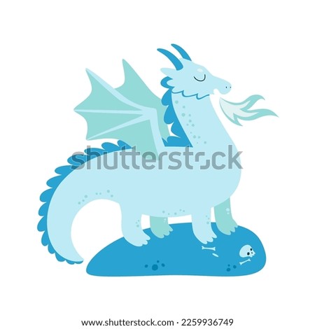 Vector illustration of ice dragon isolated on white. Fairytale animal character in flat style.