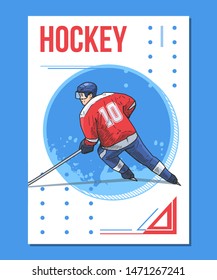 Vector illustration of ice hockey player skating on abstract background. Sport themed, ice hockey poster