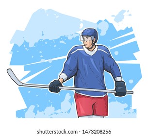 Vector illustration of ice hockey player standing on absract background. Sport themed hockey poster