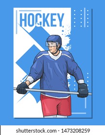 Vector illustration of ice hockey player standing on absract background. Sport themed hockey poster