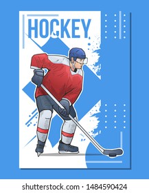 Vector illustration of ice hockey player standing with stick. Winter sport themed hockey poster on abstract background