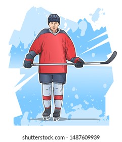 Vector illustration of ice hockey player standing with stick. Winter sports poster on abstract background