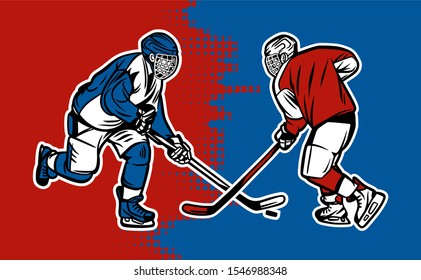 Vector Illustration of ice hockey player in action red versus blue team