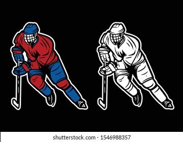 Vector Illustration Of Ice Hockey Player In Action Color And Black White Pose