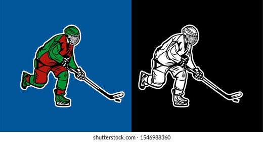 Vector Illustration of ice hockey player in action color and black white pose