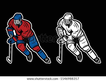 Vector Illustration of ice hockey player in action color and black white pose