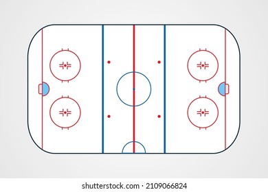 Vector illustration of ice hockey rink. Top view of indoor ice rink. Professional hockey background design with circles, lines and net. Active winter recreation arena