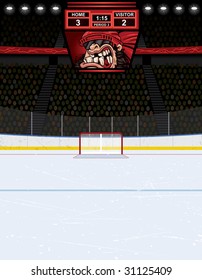 Vector Illustration Of An Ice Hockey Rink With Crowd Ready For The Big Game. Arena Includes Scoreboard With A Home Team Favorite Player Clenching His Teeth On The Screen.