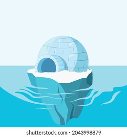 Vector illustration of ice island floating on the sea with igloo