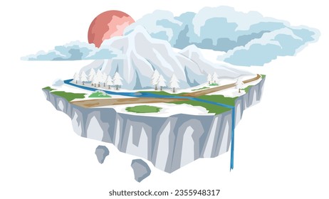 Vector or Illustration of ice island with transportation of soil road with reiver block.  Massive icy mountains surrounded by trees. Ground is covered with snow. Background red moon and white clouds.